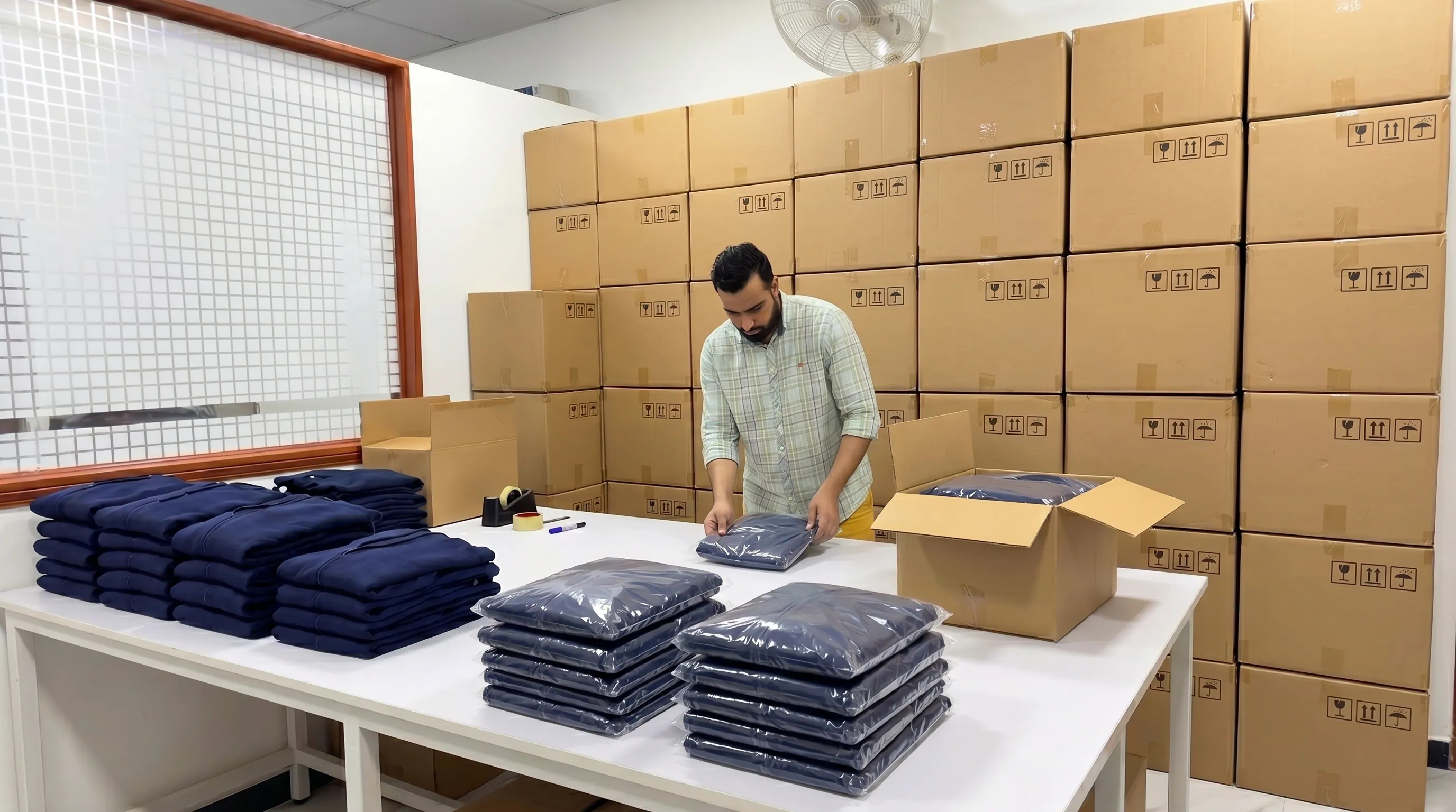 Knitted garments packed and prepared for FOB Karachi export shipment at Apex Corporation knitwear manufacturer facility Pakistan with AQL inspection completed
